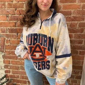 sweatshirt with quarter zip and ties. Custom tie dyed orange and navy. Size L